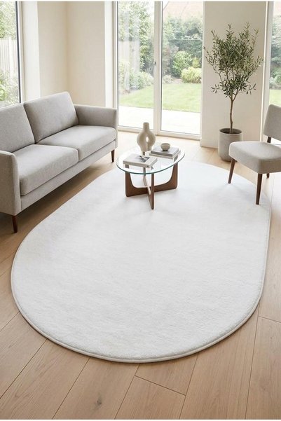 BESELY Oval Beyaz Kaymaz Tabanlı Peluş Halı Leke Tutmaz Makinede Yıkanabilir ...