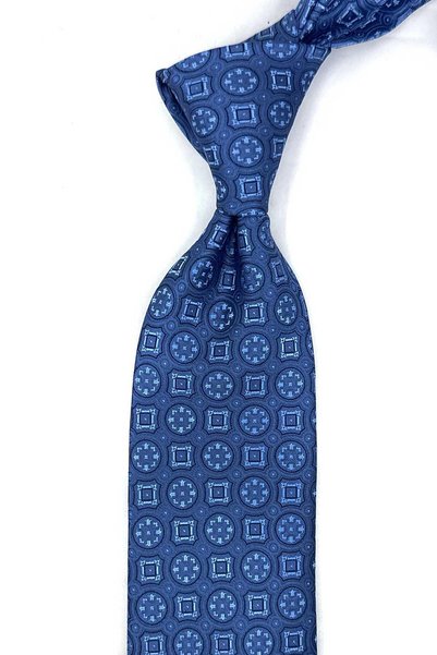Kravatkolik Blue Motif Pattern Classic Tie with Handkerchief Kk13998