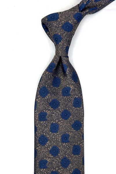 Kravatkolik Beige Blue Floral Pattern Silk Tie with Handkerchief Kk13989