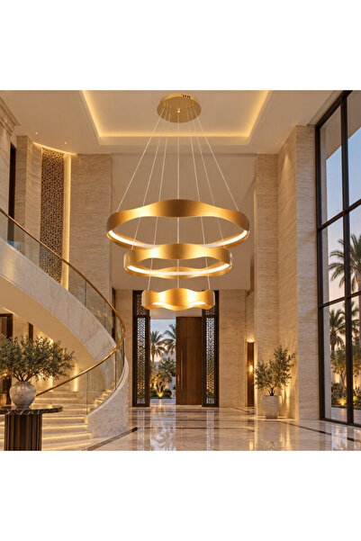 HU.STORE نجفة مودرن ثلاث حلقات مموجة قطر 40 و60 و80 سم لون ذهبي - ليد 3 إضاءات