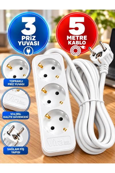 Genel Markalar 3’lü Uzatma Prizi – 5 Metre Kablolu