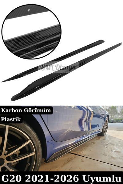 BMW 3 Serisi G20 Uyumlu Yan Marşpiyel Alt Eki - Karbon Görünümlü Plastik M Lip Seti Sağ/Sol (2021-2026)