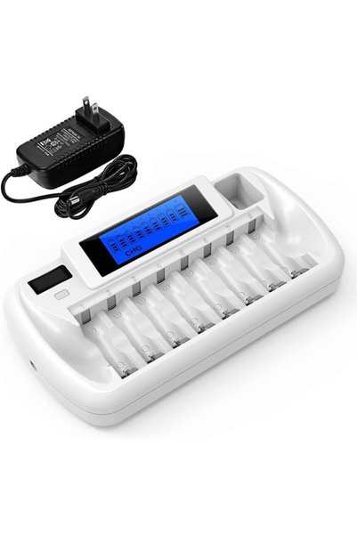Arabest شاحن بطاريات 8+1 فتحة AA وAAA و9V مع شاشة LCD
