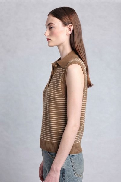 soft&basic Women's Striped V-Neck Buttoned Relaxed Fit Knitwear Sweater