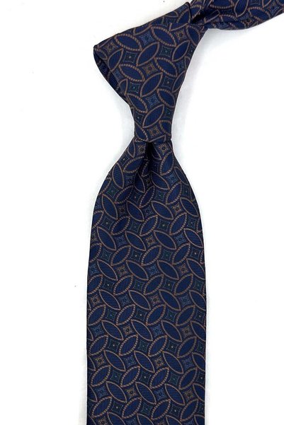 Kravatkolik Navy Blue Motif Patterned Classic Tie with Handkerchief Kk13988
