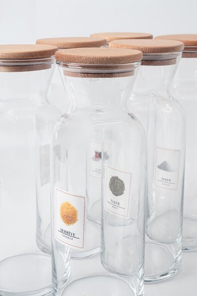 Homekolik Lina 6-Piece Labeled Glass Storage Container Set 1250 ml Vacuum Wooden Lid Airtight Dry Food Container Set