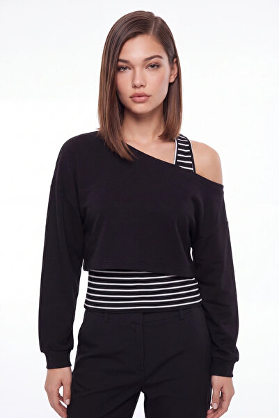 cemo Çizgili Atlet Detaylı Tek Omuz Görünümlü Crop Sweatshirt