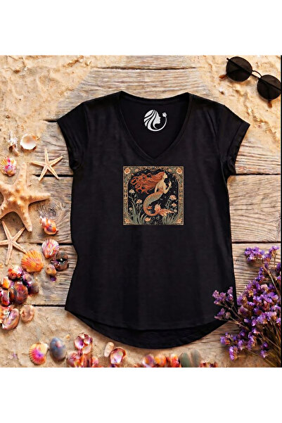 Mermaid Vintage Kadın V Yaka Flamlı Scuba Siyah Tişört