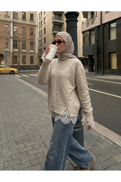 Trend Paris Elegant Lace Detailed, Side Slit Knitwear Sweater Ecru