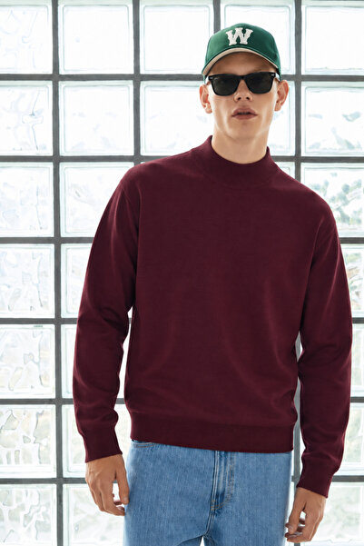 DAMGA JEANS Pulover de bază pentru bărbați, cu guler pe gât, culoare burgundy
