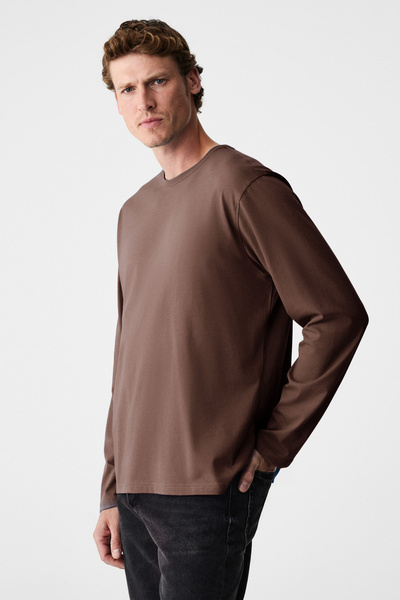 GRIMELANGE GRAVS Tricou maro pentru bărbați, 100% bumbac, țesătură moale, cu gât rotund și mânecă lungă