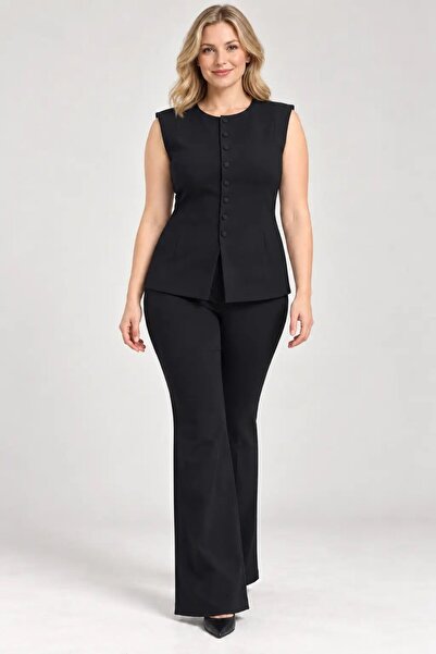 hazelin Women's Black Crew Neck Button Detailed Sleeveless Vest and Spanish L...