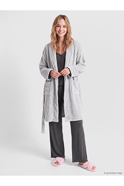 LC Waikiki Shawl Roba Collar Belted Women's Plush Dressing Gown for Style Ent...