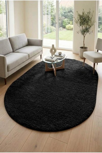 BESELY Oval Siyah Kaymaz Tabanlı Peluş Halı Leke Tutmaz Makinede Yıkanabilir ...