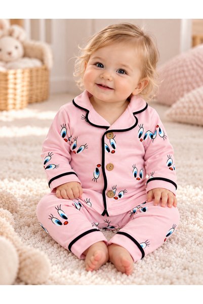 MOVAMIR BABY 100% Cotton Pink Baby Girl Pajama Set Long Sleeve Buttoned Ciciv Patterned
