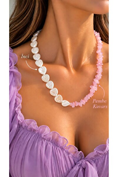 HUBANN Pink Quartz Stone Heart Model Asymmetrical Women's Necklace with Pearls