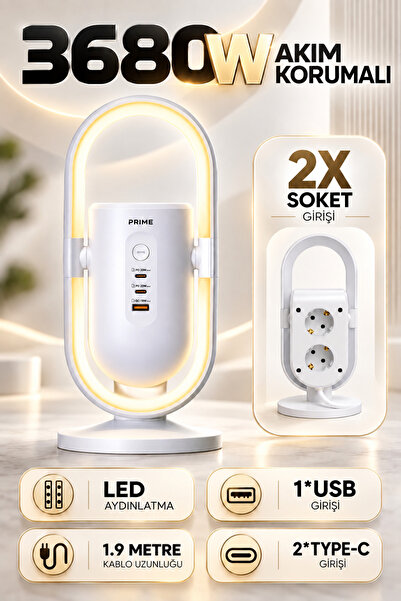 Enshall Akım Korumalı Masaüstü Fulltech FTR-39 Priz ve LED Aydınlatma, 2 Priz, 2x USB-C PD 20W, 1x USB-A QC 18W, 1050J Koruma, 3680W, 1.9 m Kablo
