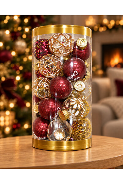 Generic Brand Set of burgundy and transparent Christmas baubles with gold det...