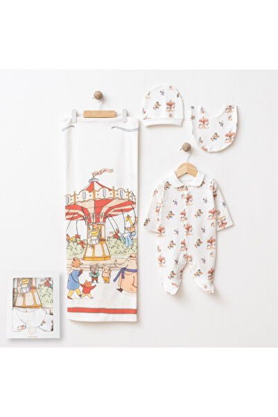 Sirk tema baskılı organik dokulu bebek hastane çıkışı / kutulu premium 4'lü set