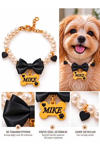 Store Siyah 3D Papyonlu Kedi Tasması Köpek Tasması, İsimli Köpek Kolyesi, İnc...