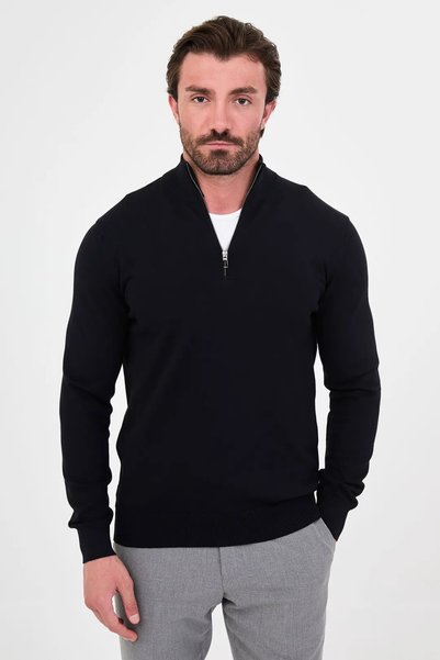 centilmen Plain Slim Fit Stand Collar Zippered Cotton Men's Knitwear Sweater ...