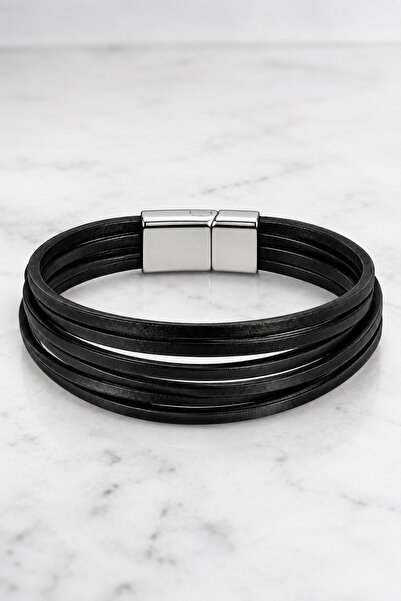 Nereze Chrome Plated 6 Row Men's Leather Bracelet