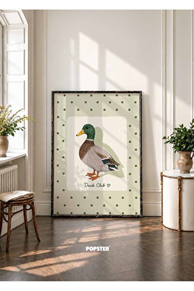 Ördek Poster - Duck Club - Yeşil Puantiyeli Kuş İllüstrasyonu - ( Çerçevesiz )