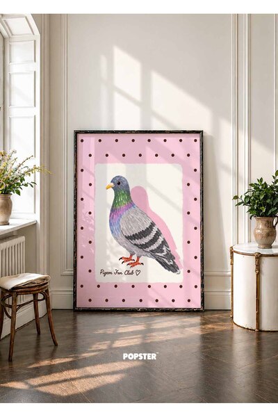 Güvercin Poster - Pigeon Fan Club - Pembe Puantiyeli Kuş Tasarımı - ( Çerçevesiz )