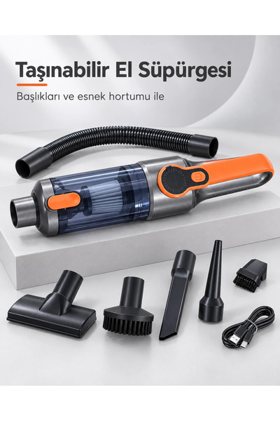 Şeffaf Toz Hazneli Gri Turuncu El Süpürgesi Temizlik Başlıkları Ve Usb Şarj Kablolu
