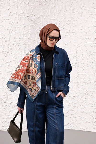 Mimelif Blue Tile Patchwork Patterned Twill Scarf 70X70 cm