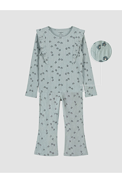 LC Waikiki Set de pijama cu guler rotund imprimat cu volane pentru fete