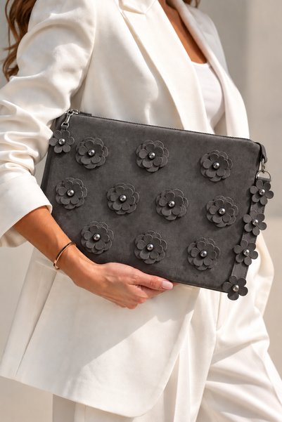 GUSTELLO Alba Women's Suede Portfolio Bag 3D Floral Pearl Detailed Zippered W...