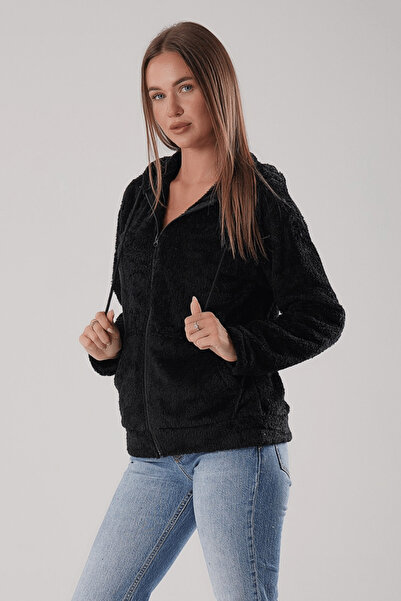 Karabulut KoyuSiyah Kapüşonlu Peluş Hırka Ceket