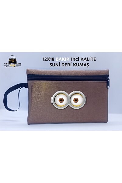 BAKIR RENKLİ SUNİ DERİ CÜZDAN 12X18CM. MAKYAJ EL ÇANTASI GÖZ BASKILI