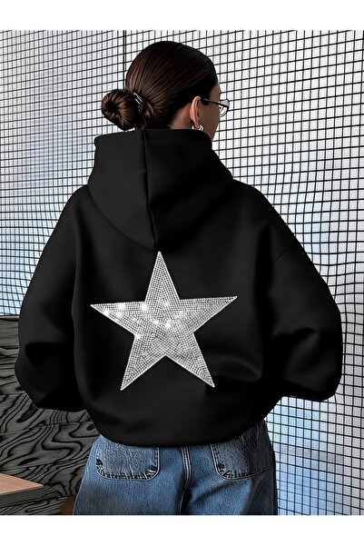 one button Unisex Erkek/Kadın Parlak Yıldız Sırt Baskılı Premium Kapüşonlu Şa...