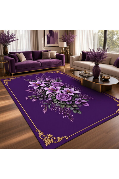 LovisaHome Mor Gül Lilyum Buketi Yıkanabilir Dijital Baskı Halı