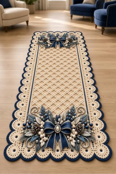 LovisaHome Krem Lacivert Fiyonk İnci Dantel Runner Yıkanabilir Dijital Baskı ...