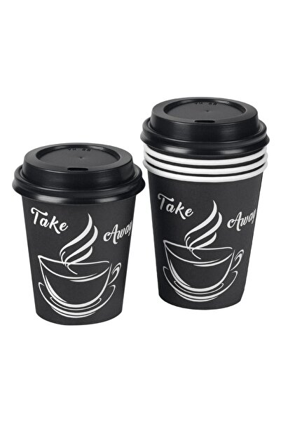 DD SHOP Pahare de Carton pentru Cafea cu Model Alb & Capac Negru 270ml - 30buc