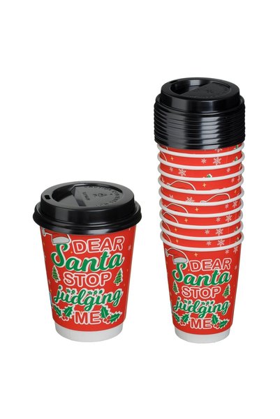 DD SHOP Pahare de Carton Rosii Gnome & Mesaje cu Capace Intarite 360ml - 10buc