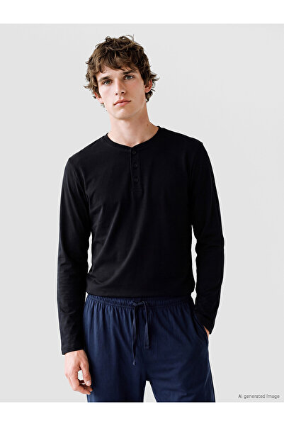 LC Waikiki Nevavm with a Difference Black Combed Cotton Plain Long Sleeve Men...