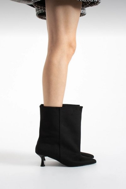 SHOEBELLAS Cese Black Suede Women's Heeled Boots with Stitching Detail