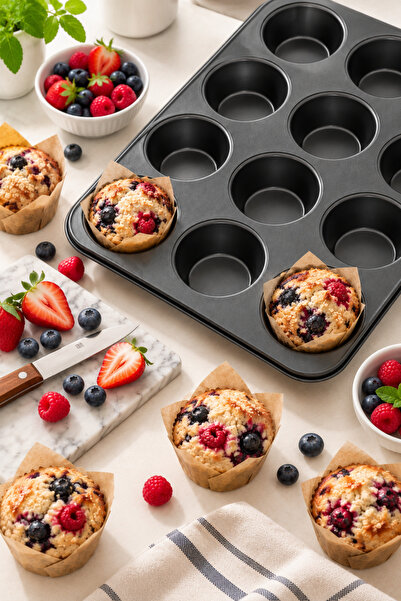 Sariva Home 12’li Teflon Muffin Cupcake Turta Kalıbı Yapışmaz Kek Pişirme Tep...