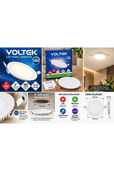 Voltek 12W 5 İnç Yuvarlak LED Panel Armatür 960 Lümen Beyaz Sıva Altı Spot – 2 Yıl Garantili