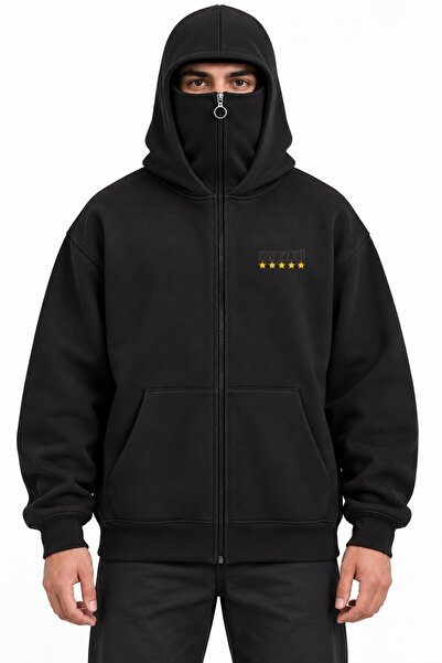 Siyah Oversize Balaclava Fermuarlı Hoodie Ön Arka Baskılı wasted Unisex