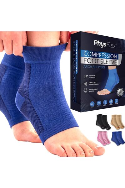 PhysFlex Compression Socks for Plantar Fasciitis, Achilles Tendonitis Relief - (1 Pair) Ankle Compression Sleeve for Heel Spurs, Foot Swelling & Fatigue - Arch Support Brace for Everyday Use