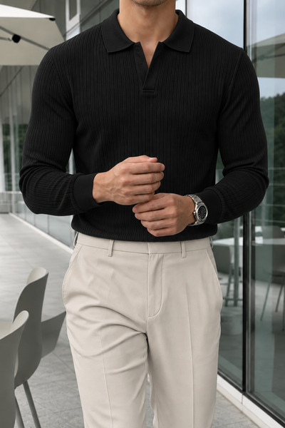 GENIUS STORE Erkek Polo Yaka Kazak Fitilli Anti Pilling Tüylenme Yapmaz Regular Fit Erkek Triko Kazak