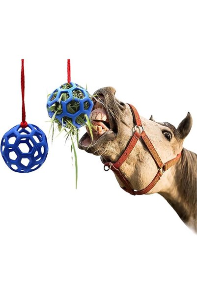 HONPOLO كرة وجبات خفيفة للخيول - عبوة من قطعتين زرقاء اللون - موزعات علف معلق...