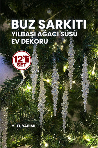 Buz Sarkıtı 12'li Set Yılbaşı Çam Ağacı ve Ev Dekorasyonu Süsü / Janjanlı Akrilik Boncuklu