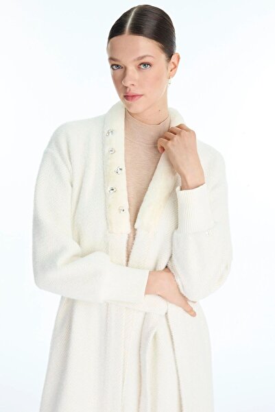 Zühre Shawl Collar Stone Detailed Ecru/Gold Cardigan 0029