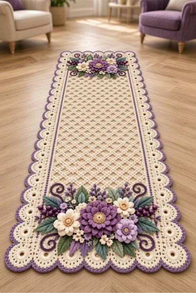 LovisaHome Krem Mor Çiçekli Dantel Runner Yıkanabilir Dijital Baskı Halı